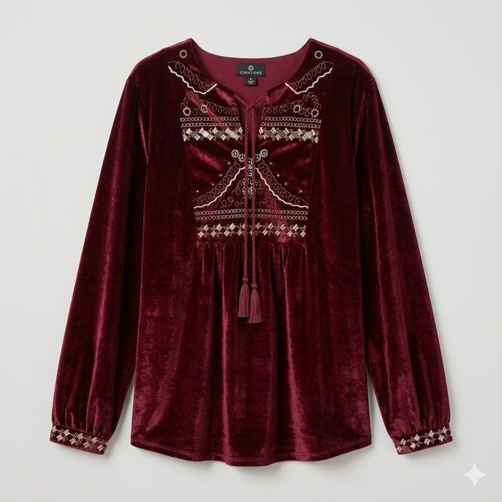 Curations Blouse Women's Medium Maroon Velvet Embroidered Tunic Top Long Sleeve